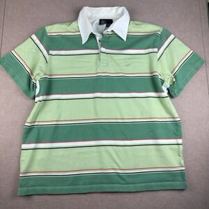 Vintage Aigle Polo Shirt Men XL Green White Stripe Rugby Style Made in Hong Kong